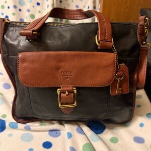 Fossil Black and Tan Leather Satchel